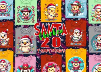 Trendy Christmas Chicken Santa Claus t-shirt design bundle of 20 png & jpeg designs – download instantly Retro Vintage T-shirt