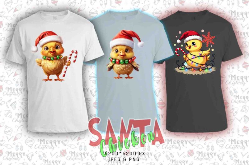 Colourful Christmas Chicken Santa Claus t-shirt design bundle of 20 designs – download instantly Retro Vintage T-shirt