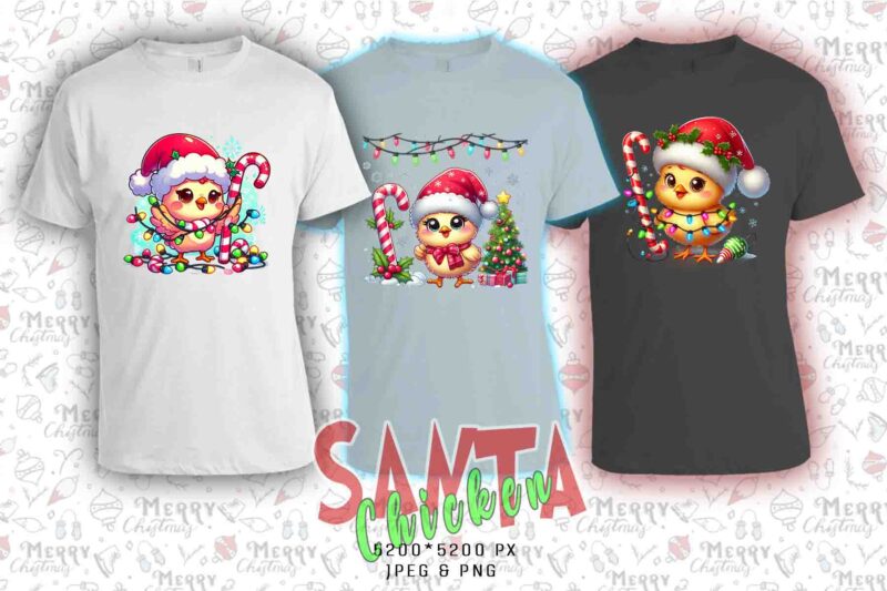 Funny Christmas Chicken Santa Claus t-shirt design bundle of 20 designs – download instantly Retro Vintage Illustration Clipart Bundle