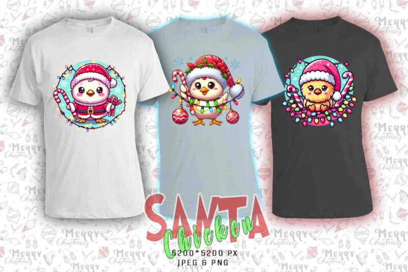 Trendy Christmas Chicken Santa Claus t-shirt design bundle of 20 png & jpeg designs – download instantly Retro Vintage T-shirt Design Bundle