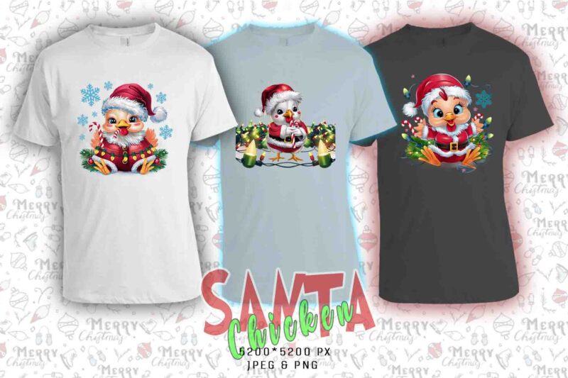 Trendy Christmas Chicken Santa Claus t-shirt design bundle of 20 png & jpeg designs – download instantly Retro Vintage T-shirt