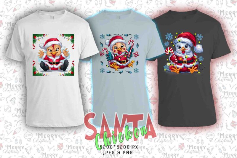 Colourful Christmas Chicken Santa Claus t-shirt design bundle of 20 designs – download instantly Retro Vintage T-shirt Bundle