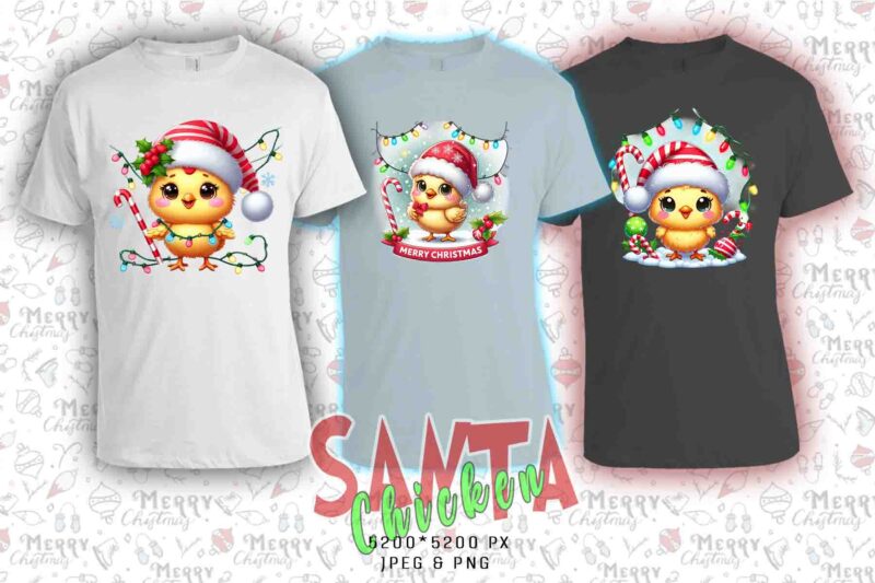 Funny Christmas Chicken Santa Claus t-shirt design bundle of 20 designs – download instantly Retro Vintage Illustration