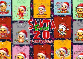 Trendy Christmas Duck Santa Claus t-shirt design bundle of 20 png & jpeg designs – download instantly Retro Vintage T-shirt Design Bundle