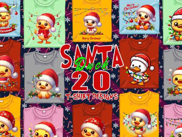 Trendy christmas duck santa claus t-shirt design bundle of 20 png & jpeg designs – download instantly retro vintage t-shirt design bundle