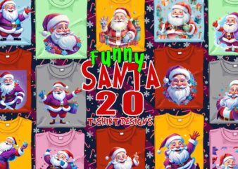 Trendy Christmas Santa Claus t-shirt design bundle of 20 png & jpeg designs – download instantly Retro Vintage T-shirt Design Illustration