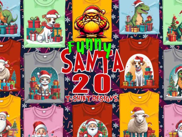 Colourful animal christmas santa claus t-shirt design bundle of 20 designs – download instantly retro vintage t-shirt graphics bundle