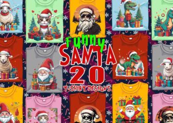 Funny Christmas Santa Claus t-shirt design bundle of 20 designs – download instantly Retro Vintage Illustration T-shirt Clipart Bundle