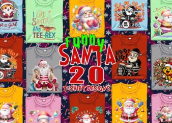 Trendy Christmas Santa Claus t-shirt design bundle of 20 png & jpeg designs – download instantly Retro Vintage T-shirt Design Bundle