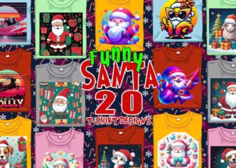 Funny Christmas Santa Claus t-shirt design bundle of 20 designs – download instantly Retro Vintage Illustration T-shirt Clipart Bundle