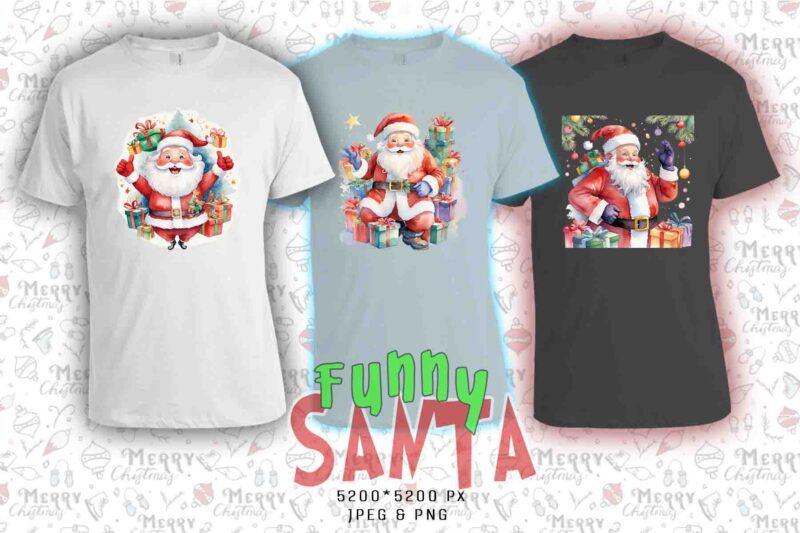 Trendy Christmas Santa Claus t-shirt design bundle of 20 png & jpeg designs – download instantly Retro Vintage T-shirt Design Illustration