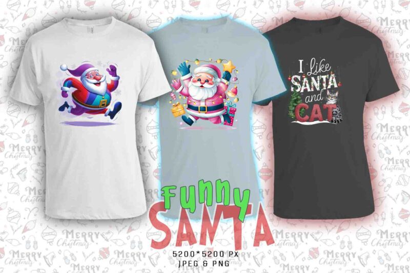 Trendy Funny Christmas Santa Claus t-shirt design bundle of 20 designs – download instantly Retro Vintage Tee Illustration Clipart Bundle