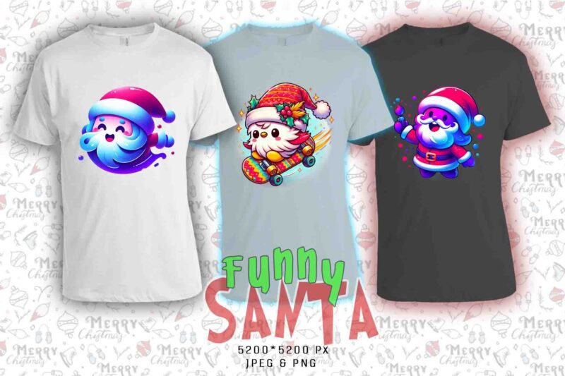 Trendy Christmas Santa Claus t-shirt design bundle of 20 png & jpeg designs – download instantly Retro Vintage T-shirt Design Bundle