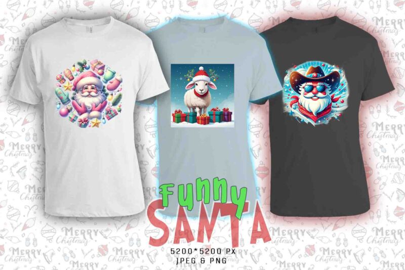 Trendy Christmas Santa Claus t-shirt design bundle of 20 png & jpeg designs – download instantly Retro Vintage T-shirt Design Bundle