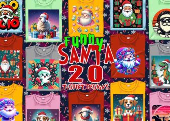 Colourful Christmas Santa Claus t-shirt design bundle of 20 designs – download instantly Retro Vintage T-shirt Illustration Clipart Bundle