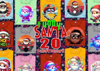 Trendy Christmas Santa Claus t-shirt design bundle of 20 png & jpeg designs – download instantly Retro Vintage T-shirt Design Bundle