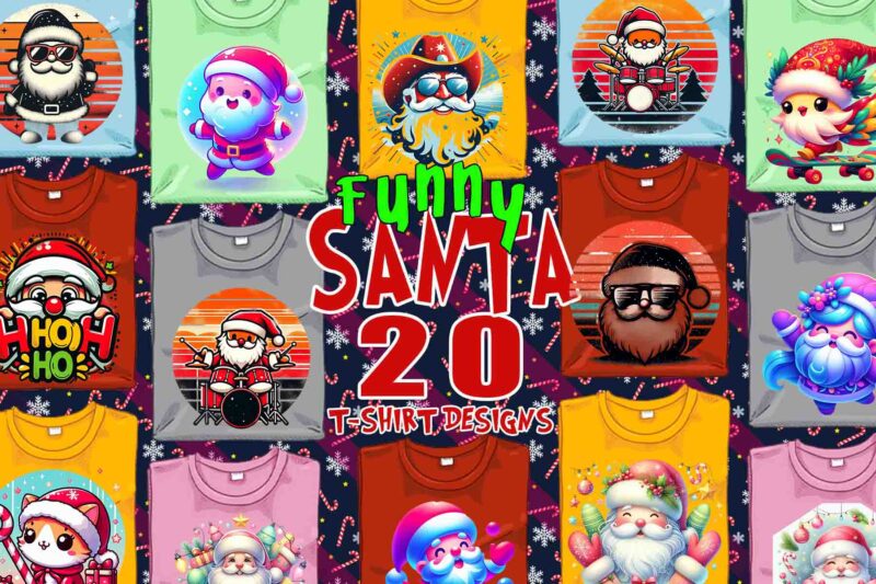 Trendy Christmas Santa Claus t-shirt design bundle of 20 png & jpeg designs – download instantly Retro Vintage T-shirt Design Bundle