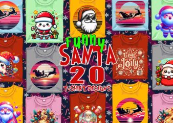 Trendy Christmas Santa Claus t-shirt design bundle of 20 png & jpeg designs – download instantly Retro Vintage T-shirt Design Illustration