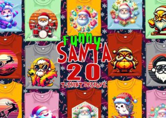 Colourful Christmas Santa Claus t-shirt design bundle of 20 designs – download instantly Retro Vintage T-shirt Illustration Clipart Bundle