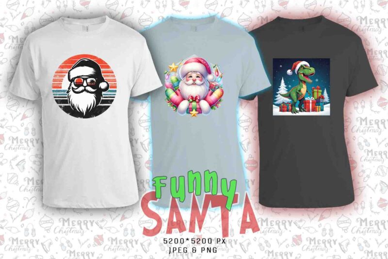 Funny Christmas Santa Claus t-shirt design bundle of 20 designs – download instantly Retro Vintage Illustration T-shirt Clipart Bundle