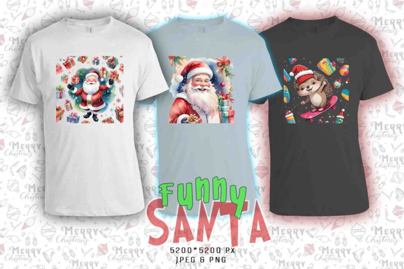 Trendy Christmas Santa Claus t-shirt design bundle of 20 png & jpeg designs – download instantly Retro Vintage T-shirt Design Illustration