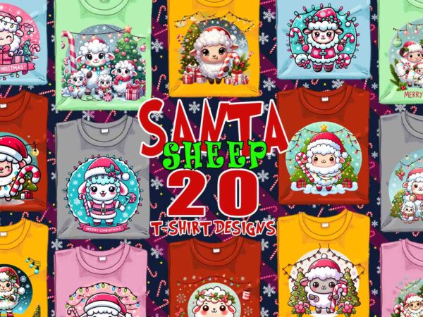 Colourful christmas sheep santa claus t-shirt design bundle of 20 designs – download instantly retro vintage t-shirt design bundle