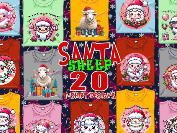 Funny christmas sheep santa claus t-shirt design bundle of 20 designs – download instantly retro vintage illustration t-shirt clipart bundle