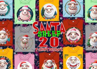 Trendy Christmas Sheep Santa Claus t-shirt design bundle of 20 png & jpeg designs – download instantly Retro Vintage T-shirt Design Bundle