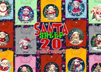 Trendy Christmas Sheep Santa Claus t-shirt design bundle of 20 design for POD