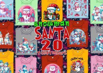 Popular Christmas Snowman Santa Claus t-shirt design bundle of 20 designs – download instantly