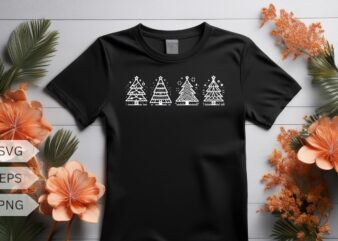 4 type line art Christmas tree T-shirt design vector, line art