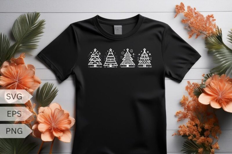 4 type line art Christmas tree T-shirt design vector, line art