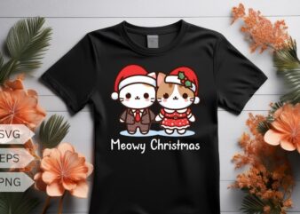 Meowy Christmas Cute couple cat funny T-shirt design vector, Christmas cat