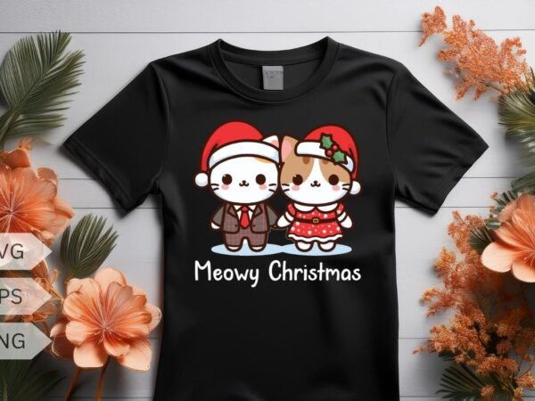 Meowy christmas cute couple cat funny t-shirt design vector, christmas cat