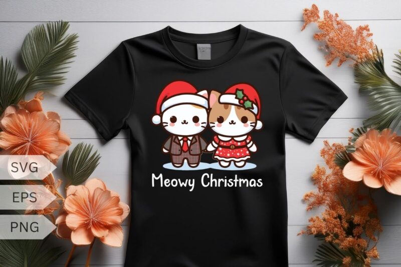 Meowy Christmas Cute couple cat funny T-shirt design vector, Christmas cat