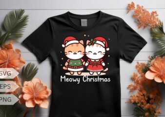 Meowy Christmas Cute couple cat funny T-shirt design vector, Christmas cat