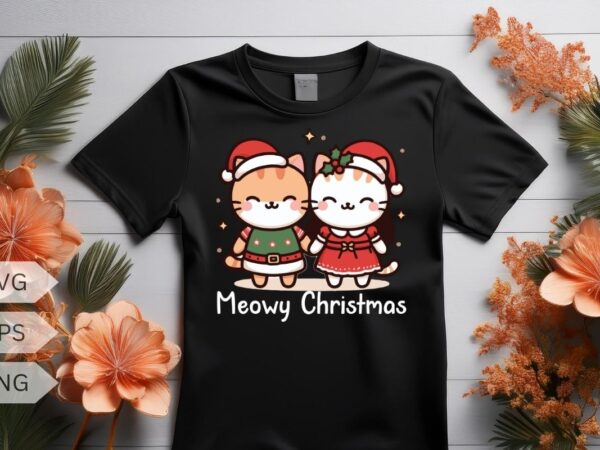 Meowy christmas cute couple cat funny t-shirt design vector, christmas cat