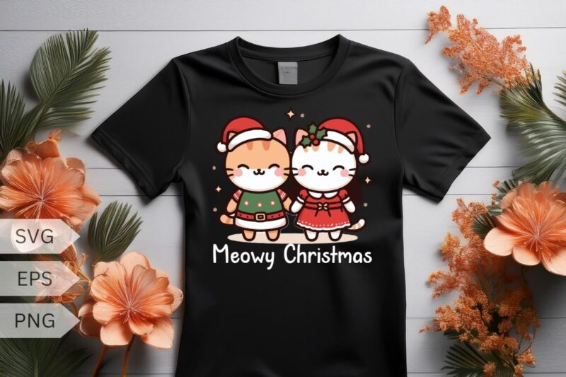 Meowy Christmas Cute couple cat funny T-shirt design vector, Christmas cat