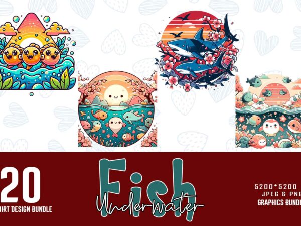 Trendy underwater fish t-shirt design bundle of 20 png & jpeg designs – download instantly retro vintage t-shirt design illustration