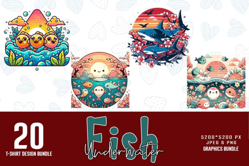 Trendy Underwater Fish t-shirt design bundle of 20 png & jpeg designs – download instantly Retro Vintage T-shirt Design Illustration