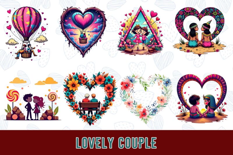 Funny Valentines Day Cute Couple in Love t-shirt design bundle of 100 designs – download instantly Retro Vintage Illustration Mega Bundle