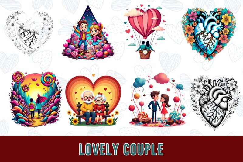 Funny Valentines Day Cute Couple in Love t-shirt design bundle of 100 designs – download instantly Retro Vintage Illustration Mega Bundle