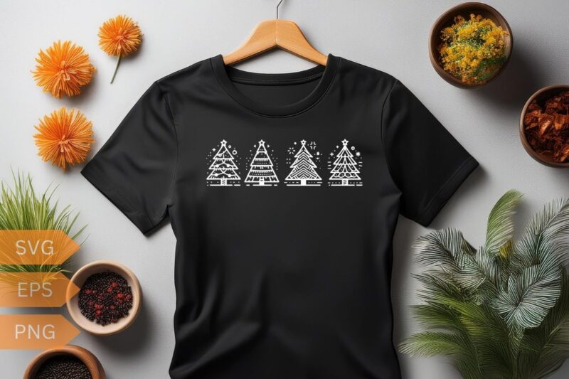 4 type line art Christmas tree T-shirt design vector, line art