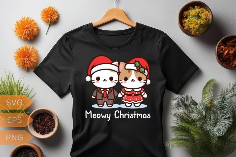 Meowy Christmas Cute couple cat funny T-shirt design vector, Christmas cat