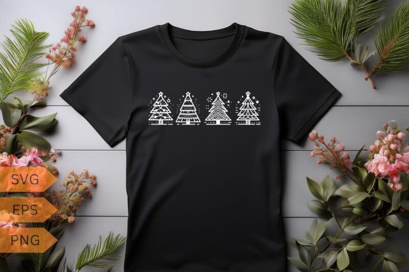 4 type line art Christmas tree T-shirt design vector, line art