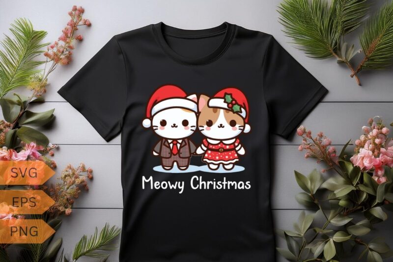 Meowy Christmas Cute couple cat funny T-shirt design vector, Christmas cat