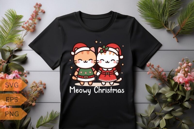 Meowy Christmas Cute couple cat funny T-shirt design vector, Christmas cat