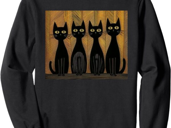 4 retro inspired black cats against a cool wavy pattern sweatshirt