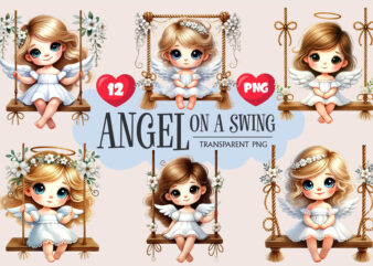 Cute Angel on Swing. Clipart, PNG.