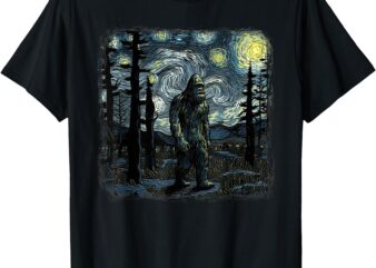 Bigfoot Starry Night Sasquatch Van Gogh Sky Painting Art T-Shirt